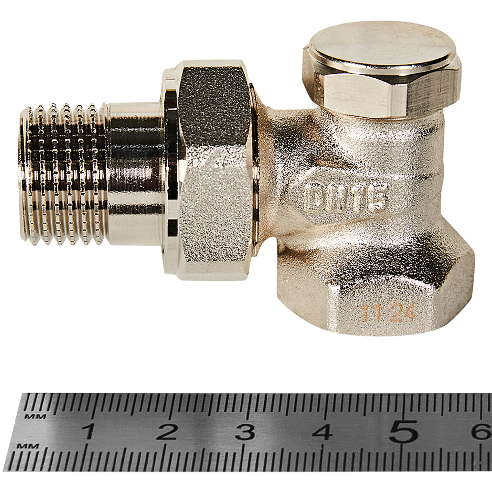 Клапан запорно-балансировочный угловой ROMMER - 1/2" (ВР/НР-американка, PN10, Tmax 110°C)