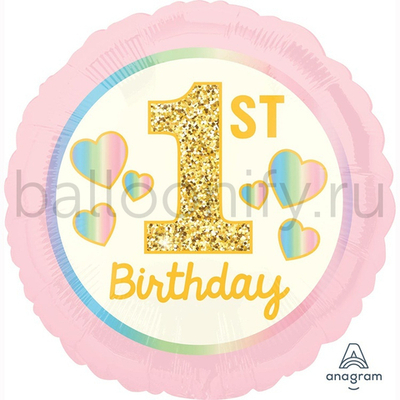 Фольгированная фигура, круг, 1-й ДР Девочка Сердца PinkGold S40,18"/46СМ