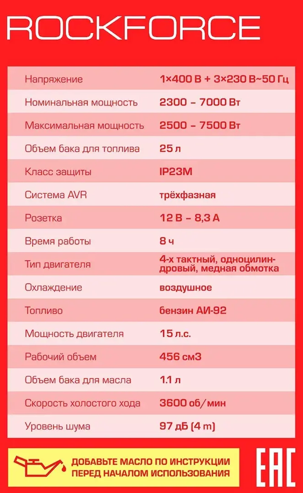 Генератор бензиновый с электрозапуском 25л, 2300-7000Вт, 15л.с. RockFORCE RF-FY8500