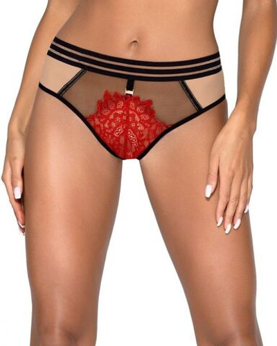 Трусики-бразилиана Angelina с гипюровой вставкой по центру (Размер: L) (Цвет: черный с красным)