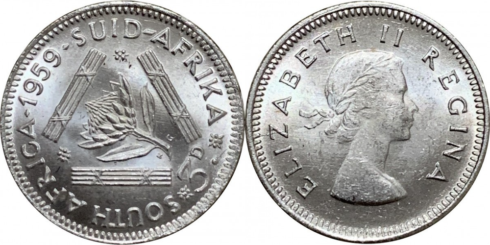 ЮАР 3 пенса, 1953 - 1960 Королева Елизавета II XF