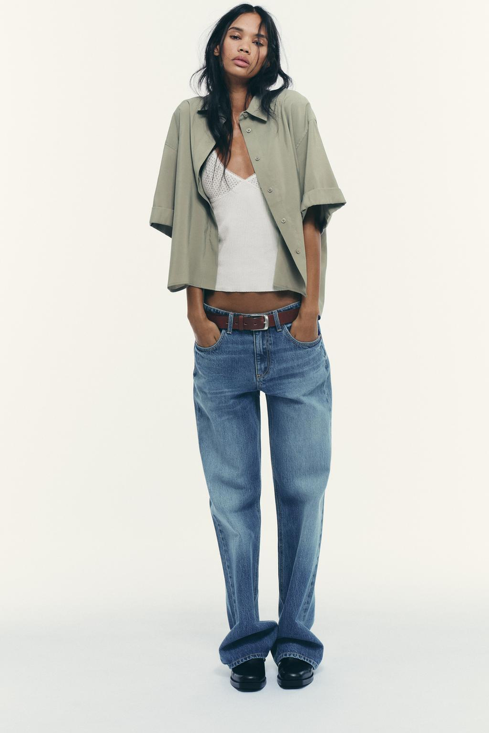 ZARA РУБАШКА ИЗ СТРУЯЩЕЙСЯ ТКАНИ С КОРОТКИМИ РУКАВАМИ, ХАКИ