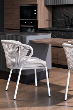 "Милан" стул плетеный из роупа, каркас алюминий белый шагрень, роуп бежевый круглый, ткань бежевая