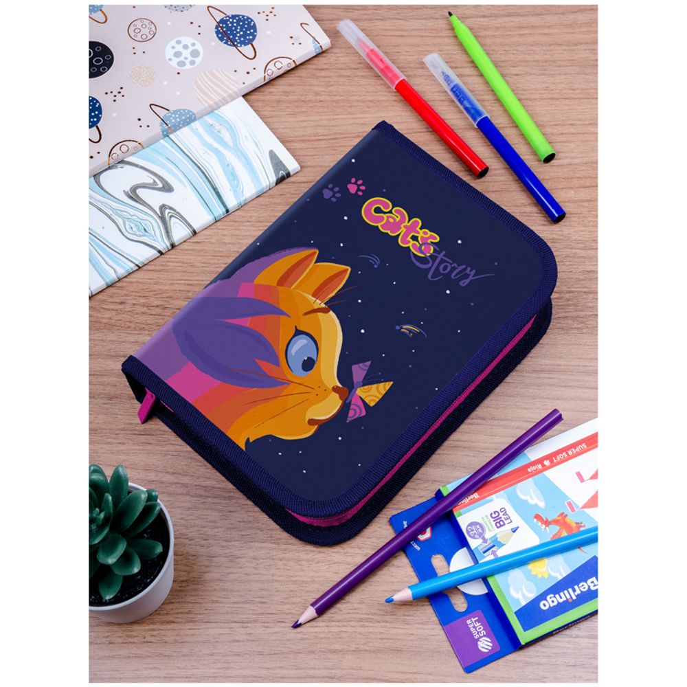 Пенал 1 отделение 200х140х40 Berlingo Surprised cat 1, 2 откидные планки, ткань