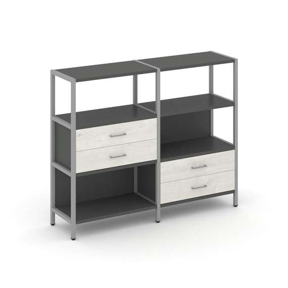 Shelf System Двухсекционный стеллаж трехярусный с ящиками SN.STM-323 Антрацит/Дуб Наварра/Металл Сер