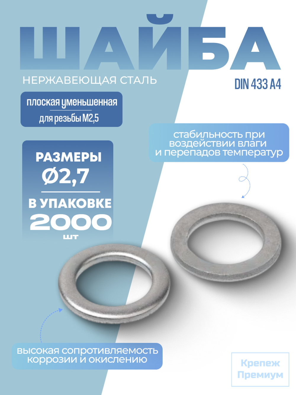 Шайба DIN 433 А4 2,7 [для резьбы M2,5] плоская уменьшенная в упак 2000 шт