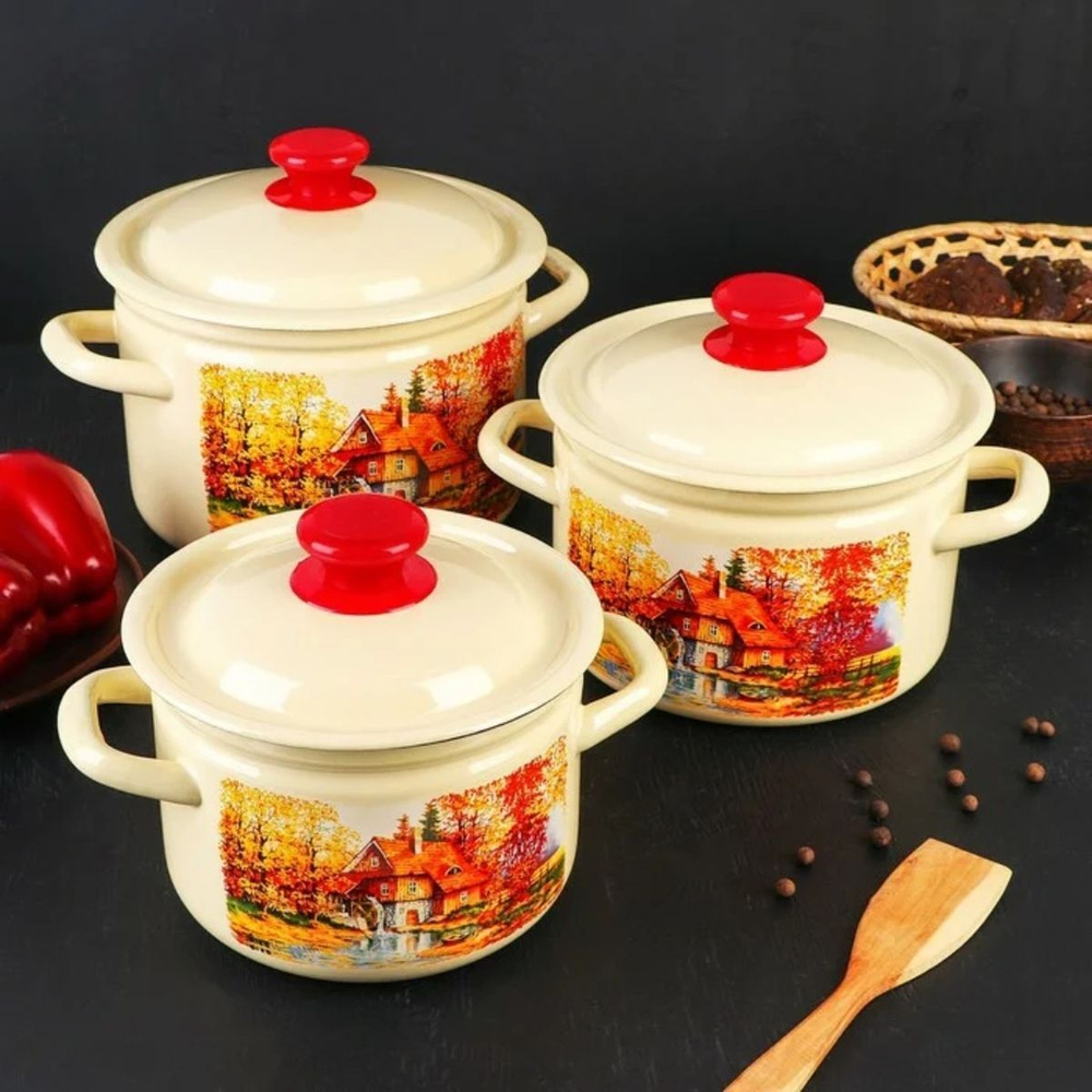 Набор эмалированной посуды 6 пр, кастрюли 2,3,4 л, Керчь, Старая мельница-1