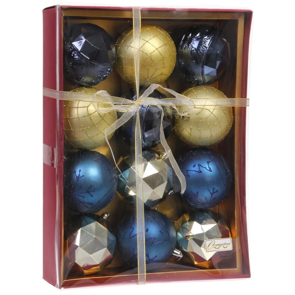 Новогодние шары «Волшебный вальс» 8 см (набор 12 шт), Сапфир/Золото