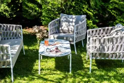 "Диего" лаунж-зона 4-местная плетеная из роупа (веревки), каркас алюминиевый белый, роуп бежевый