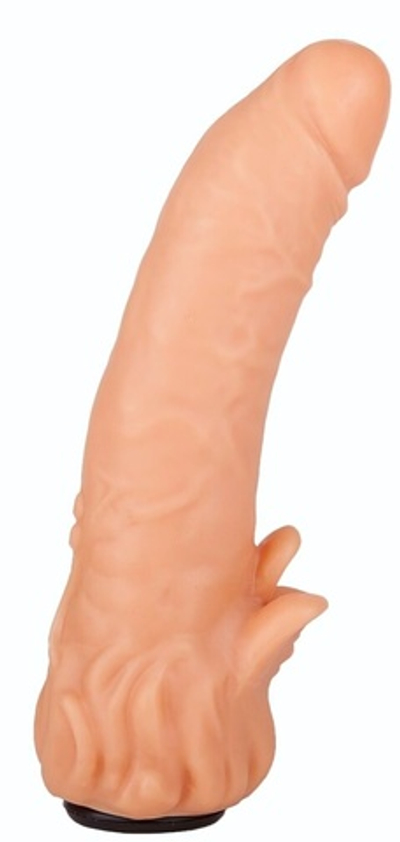 Телесная гелевая насадка-фаллос с клиторальными лепестками - 18,5 см. (Цвет: телесный)