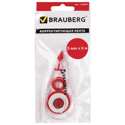 Корректирующая лента BRAUBERG "Red Power", 5 мм х 6 м, корпус прозрачный, механизм перемотки, европодвес, 220641