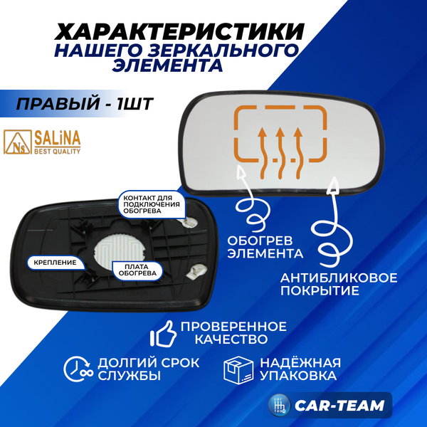 Зеркальный элемент на ВАЗ 2123 н/о Нива Шевроле белый (хром) с обогревом под квадратный моторедуктор "ИПРОСС", правый (1шт) "Солина"