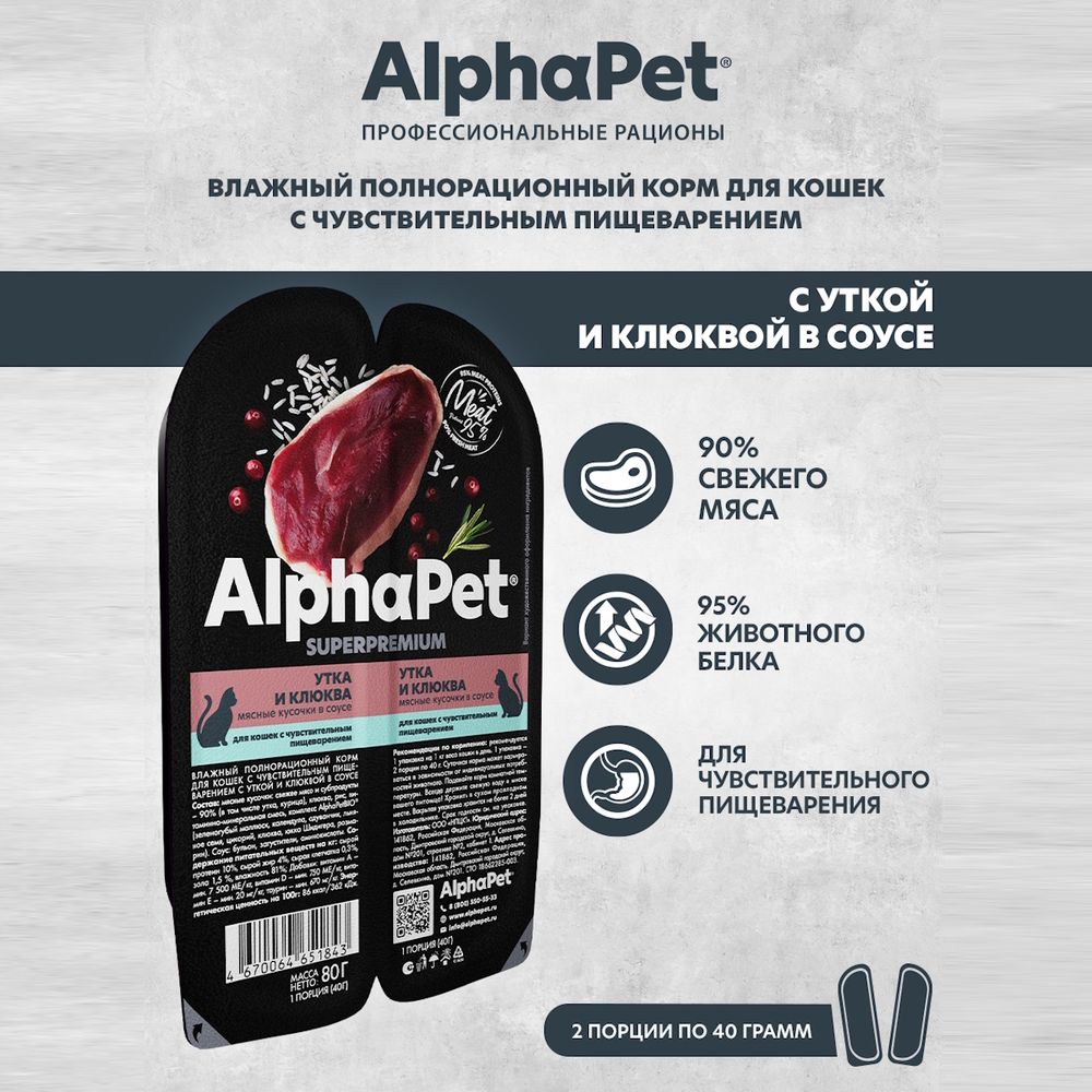 Влажный корм AlphaPet Superpremium для кошек с чувствительным пищеварением «Утка и клюква мясные кусочки в соусе» Влажный корм AlphaPet Superpremium для кошек с чувствительным пищеварением «Утка и клюква мясные кусочки в соусе»