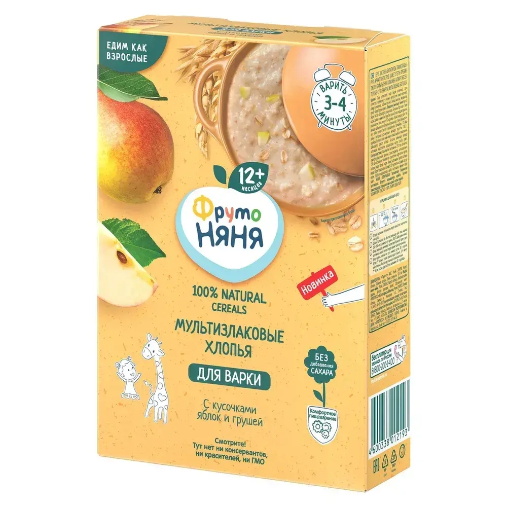 Сухая каша ФрутоНяня безмолочная мультизлаковая с кусочками яблок и грушей, для варки, 200 г