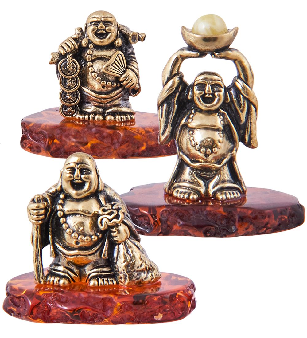 Народные промыслы AM-3819 Комплект фигурок «Хотей-Долголетие,Духовное развитие, Благополучие» (латунь, янтарь)