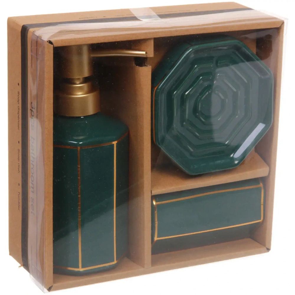 Набор для ванной из 3-х предметов керамический «Грани» изумрудный