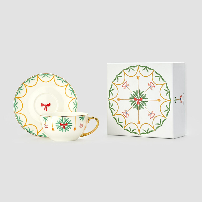 Чайная пара Farforite «Новогодний узор / На Новый год» 300 мл в подарочной коробке