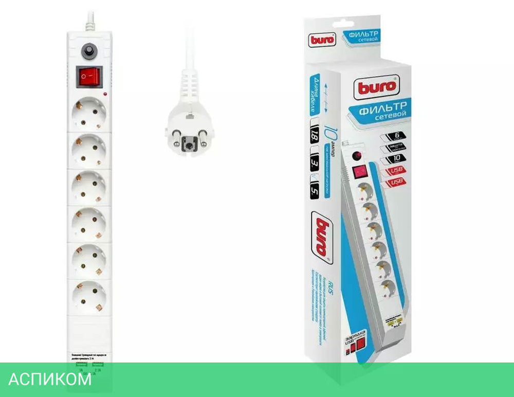 Сетевой фильтр Buro BU-SP5-USB-2A-W