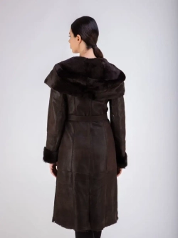 Дубленка женская зима натуральная длинная с капюшоном Турция