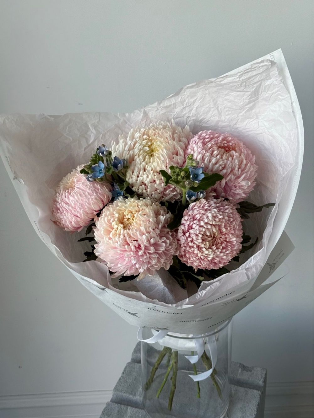 Букет из оксипеталума и хризантемы в светло розовом оттенке