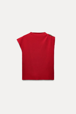 ZARA ОДНОТОННЫЙ ТРИКОТАЖНЫЙ ТОП С ЗОЛОТИСТОЙ ДЕТАЛЬЮ, КРАСНЫЙ