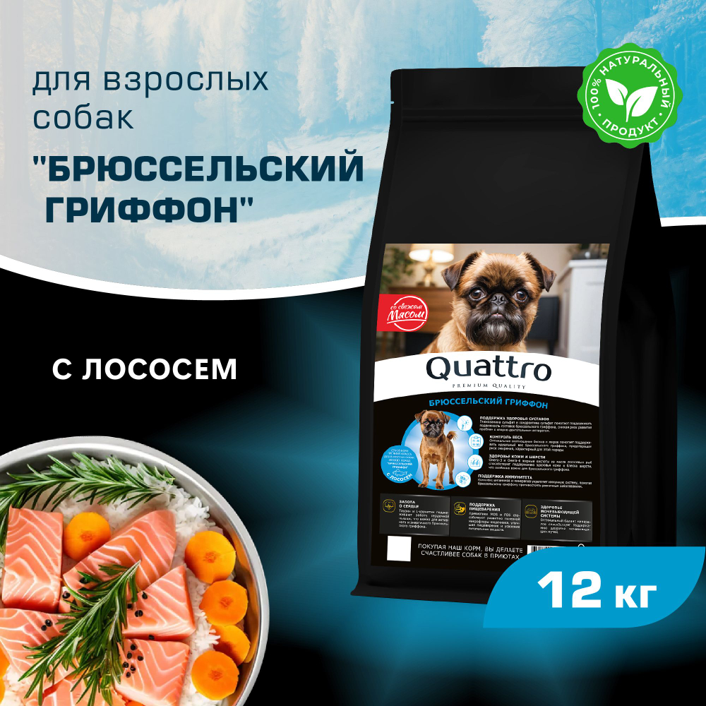 Корм сухой для взрослых собак породы Брюссельский гриффон, с лососем, 12 кг, QUATTRO