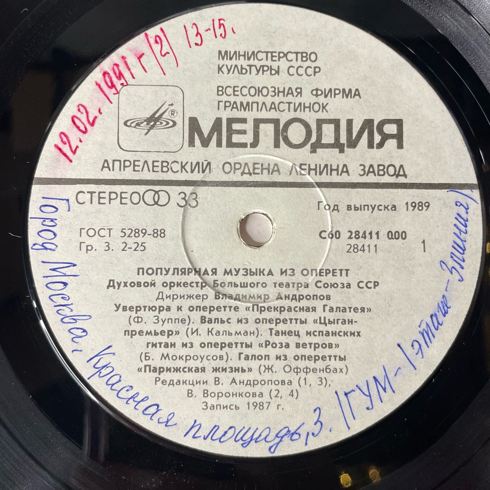 Винтажная виниловая пластинка LP Духовой Оркестр Большого Театра Союза ССР, Популярная Музыка Из Оперетт (СССР 1989)