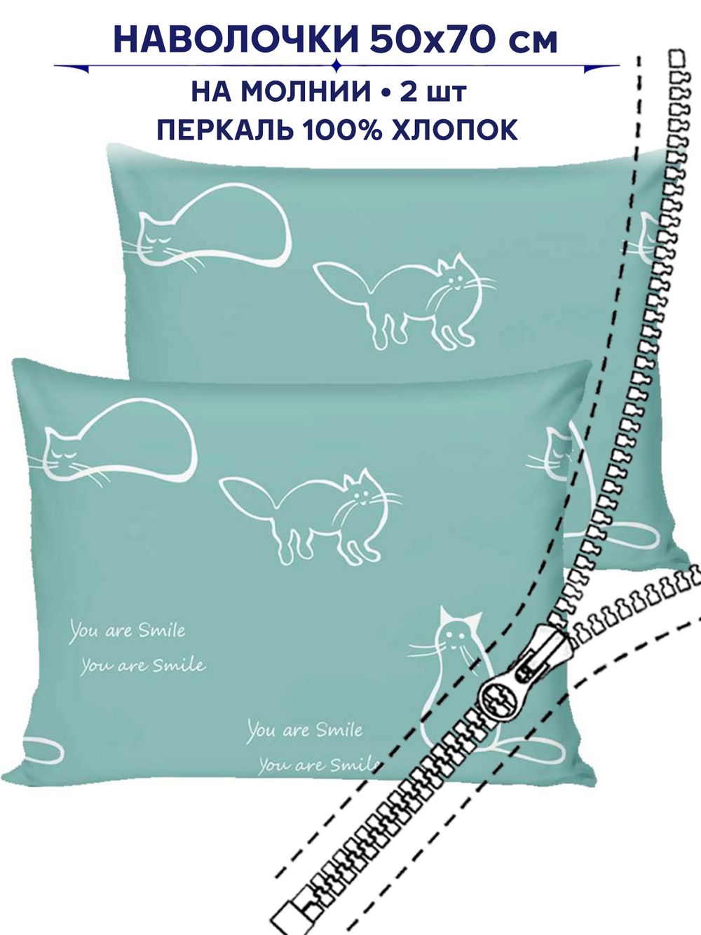 Комплект наволочек 2шт Сказка "Котики (мята)" 50х70 см