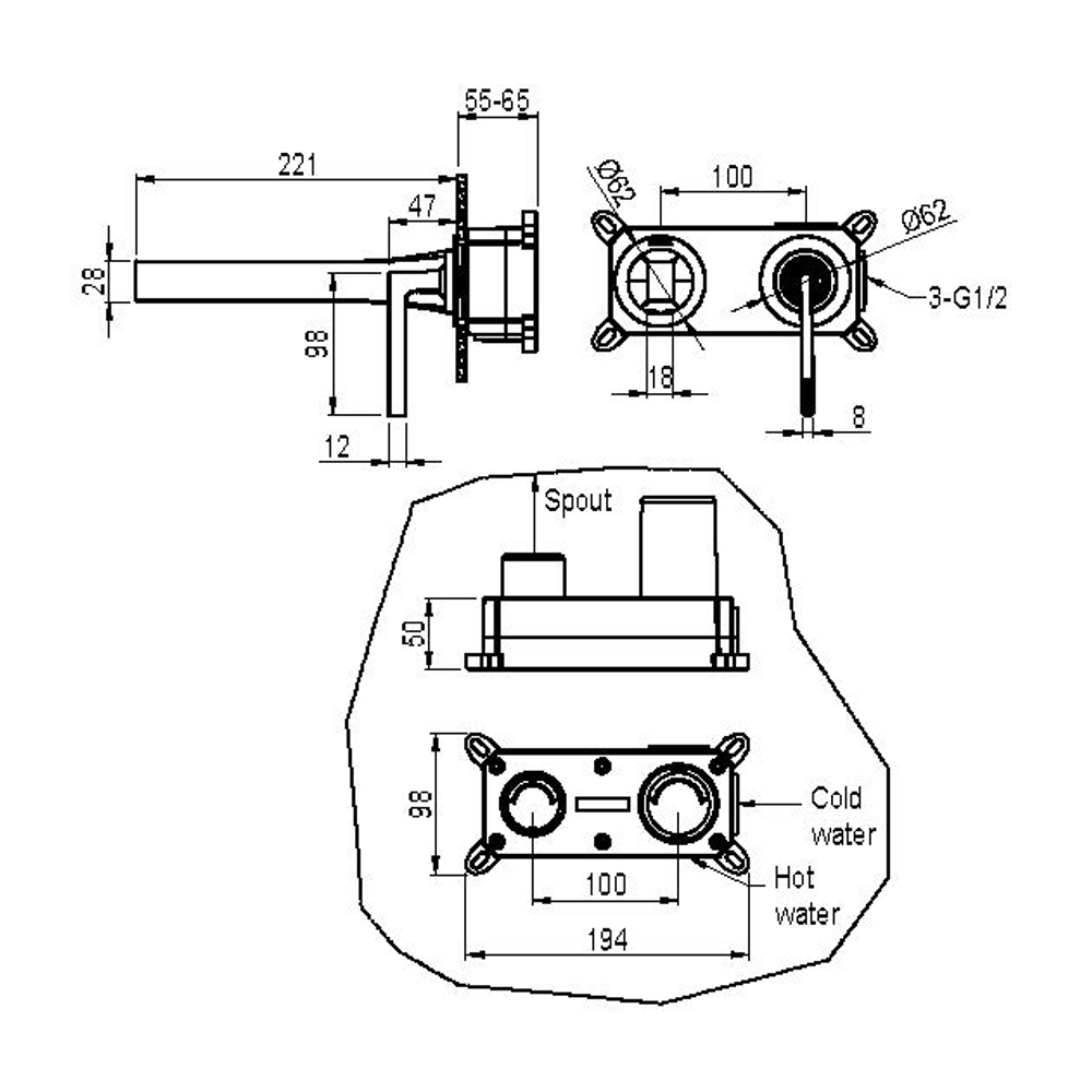 Смеситель Boheme Duo для раковины из стены 2х-позиционный COPPER BRUSHED