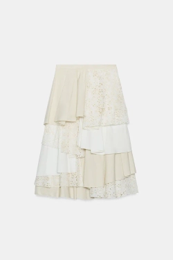 ZARA ЮБКА МИДИ В СТИЛЕ ПЭЧВОРК — ZW COLLECTION LIMITED EDITION, ЖЕЛТОВАТО-БЕЛЫЙ