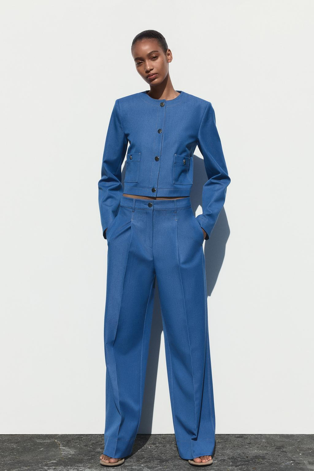 ZARA КАРДИГАН С КОНТРАСТНОЙ СТРОЧКОЙ, СВЕТЛЫЙ ИНДИГО