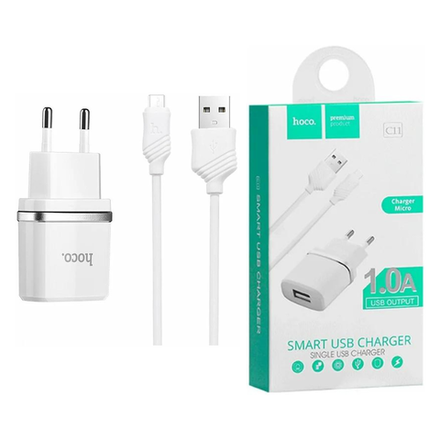 Сетевое зарядное устройство Hoco C11 Smart 1xUSB, 1А + USB кабель micro-USB, 1м