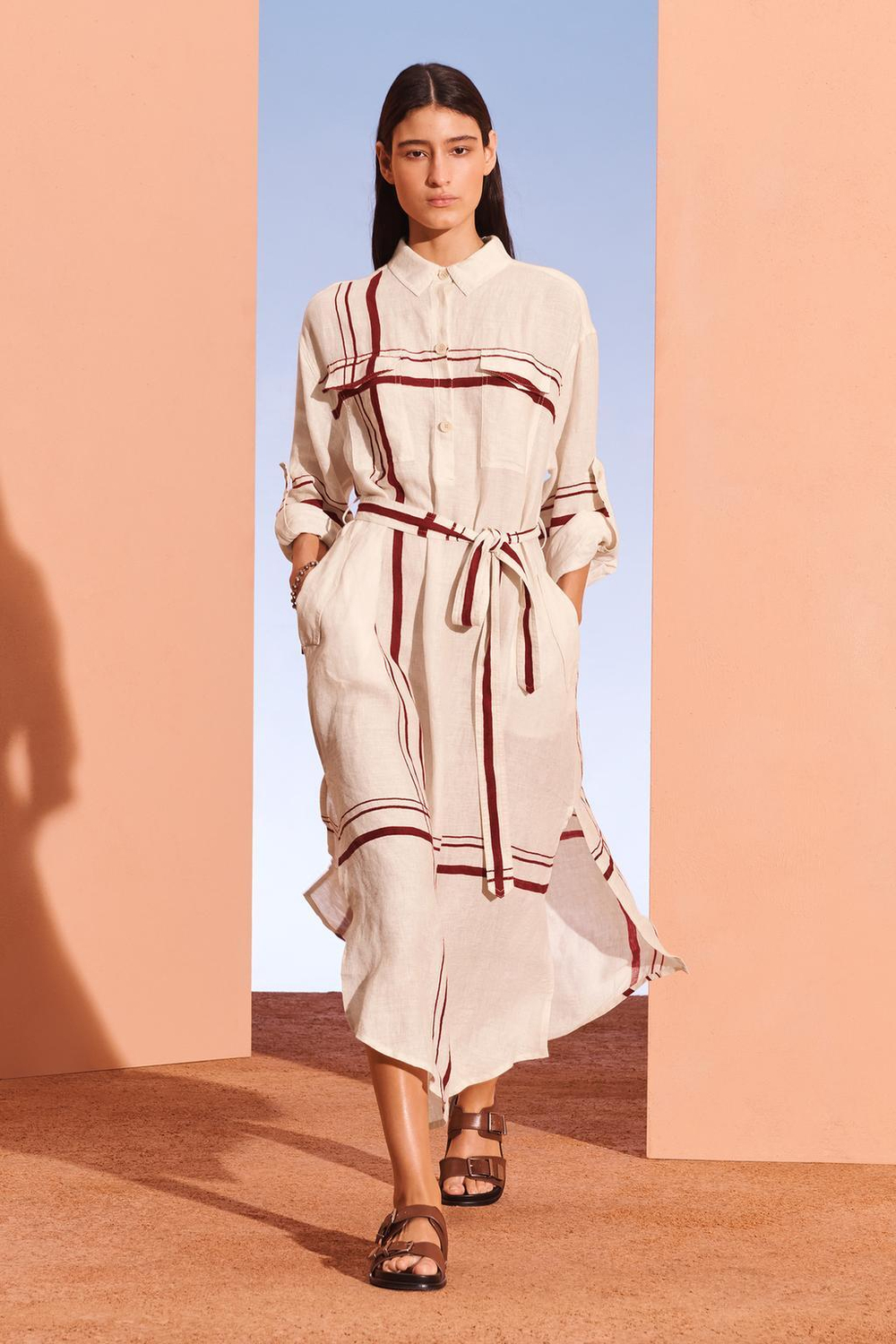 ZARA ПЛАТЬЕ-РУБАШКА, ЭКРЮ/КРАСНЫЙ