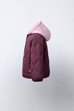 ZARA СТЕГАНАЯ КУРТКА С КАПЮШОНОМ И ВЫШИВКОЙ В ВИДЕ МЕДВЕЖОНКА, БУРГУНДИ