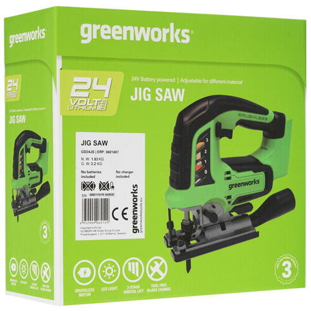 Лобзик аккумуляторный GREENWORKS GD24JS 24В,100мм-дер.,8мм-сталь,б/щ,без АКБ и ЗУ (3601407)