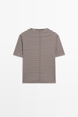 Massimo Dutti Хлопковая футболка в полоску с короткими рукавами, коричневый