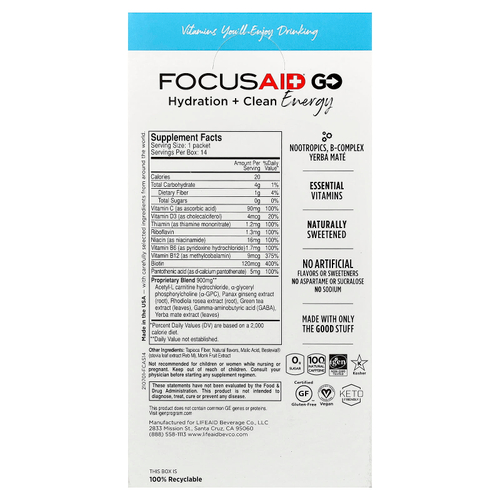 FITAID, FocusAid® Go, увлажнение и чистая энергия, со вкусом арбуза, 14 пакетиков с порошком по 4,5 г (0,16 унции)