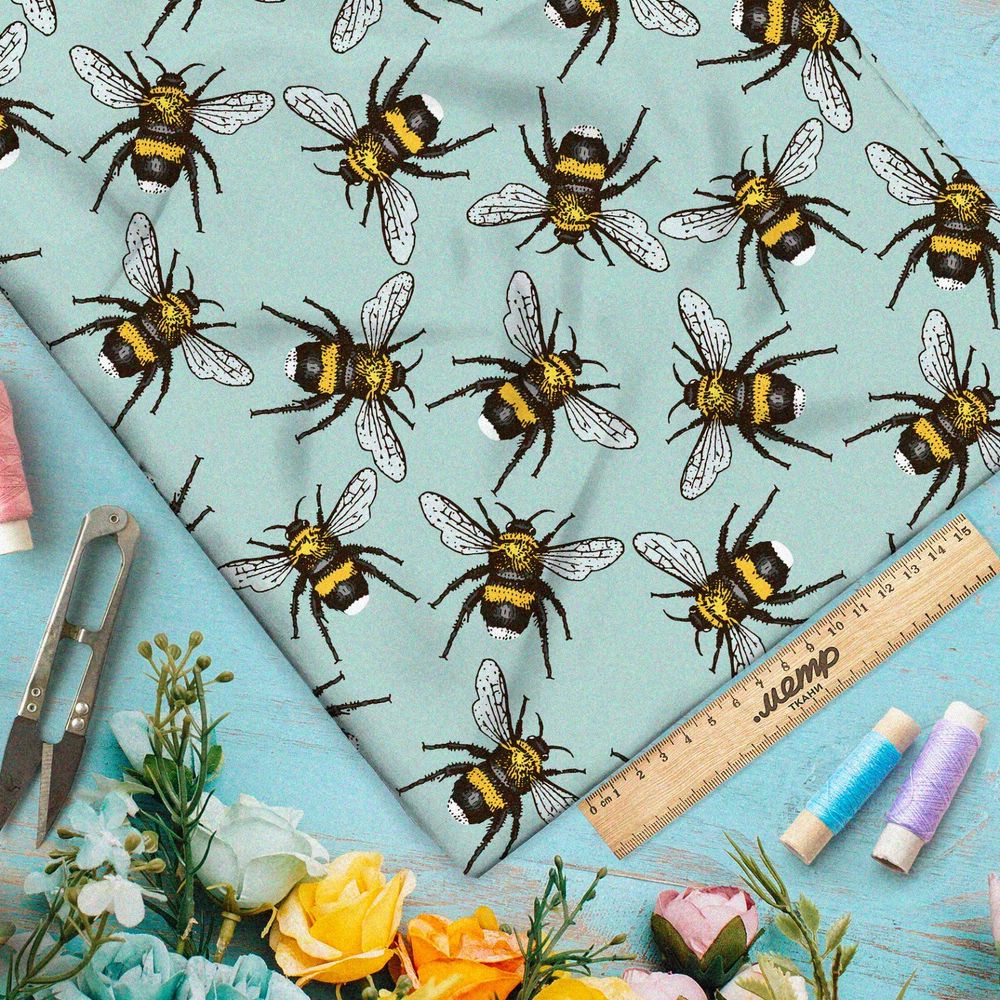 Ткань муслин пчёлы на бирюзовой ткани