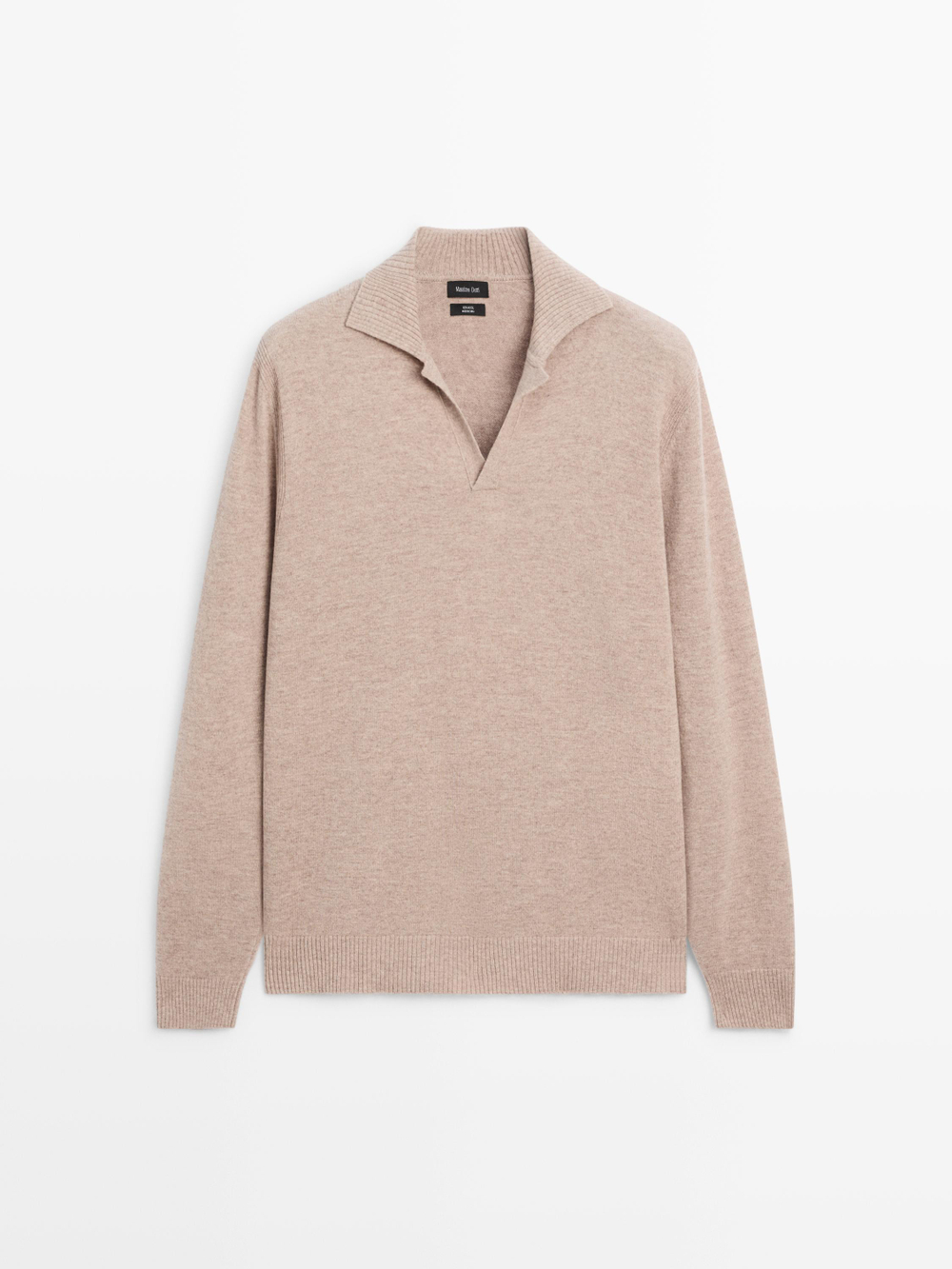 Massimo Dutti Трикотажный свитер поло из 100% шерсти с V-образным вырезом, песочный