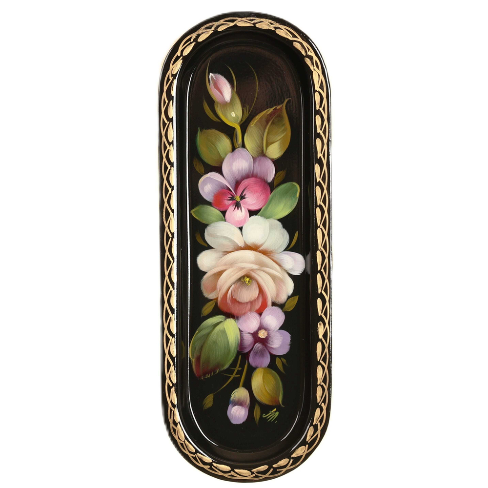 Жостовский поднос декоративный, размер 21х8 см (A4), металлический