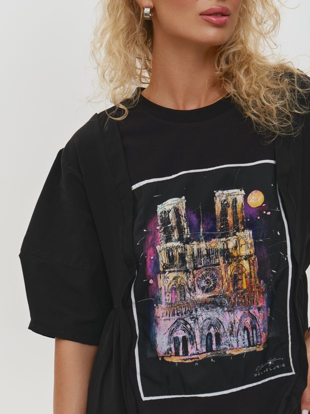 Платье футболка с принтом ПАРИЖ, черное