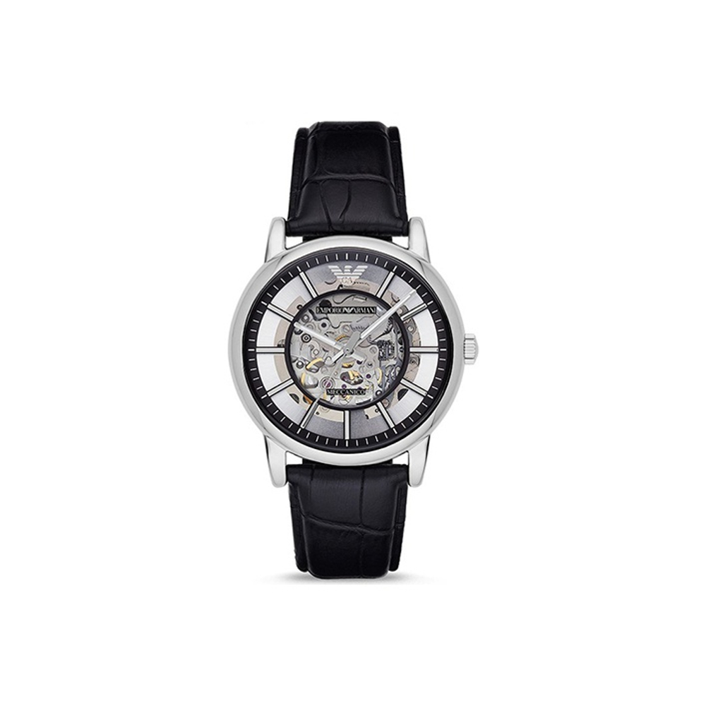 EMPORIO ARMANI Machine Wrist Watch Mechanical Movement Leather Strap Silver Dial Men"s Watches