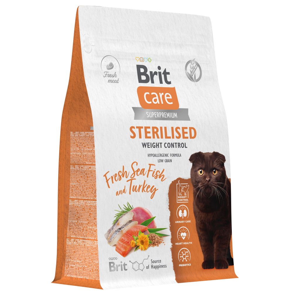 Сухой корм Brit Care Cat Sterilised Weight Control для стерилизованных кошек контроль веса с индейкой и морской рыбой 1,5 кг