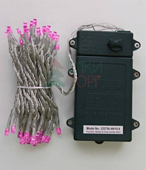 Светодиодная гирлянда 5 м., 3 батарейки типа D 4.5V, 50 LED ламп розового цвета, таймер, прозрачный провод, LTC (EST50-4W10-8P)
