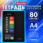 Тетрадь А4 80 л. BRAUBERG "Metropolis" спираль пластиковая клетка обложка пластик черный (4 штуки в упаковке)