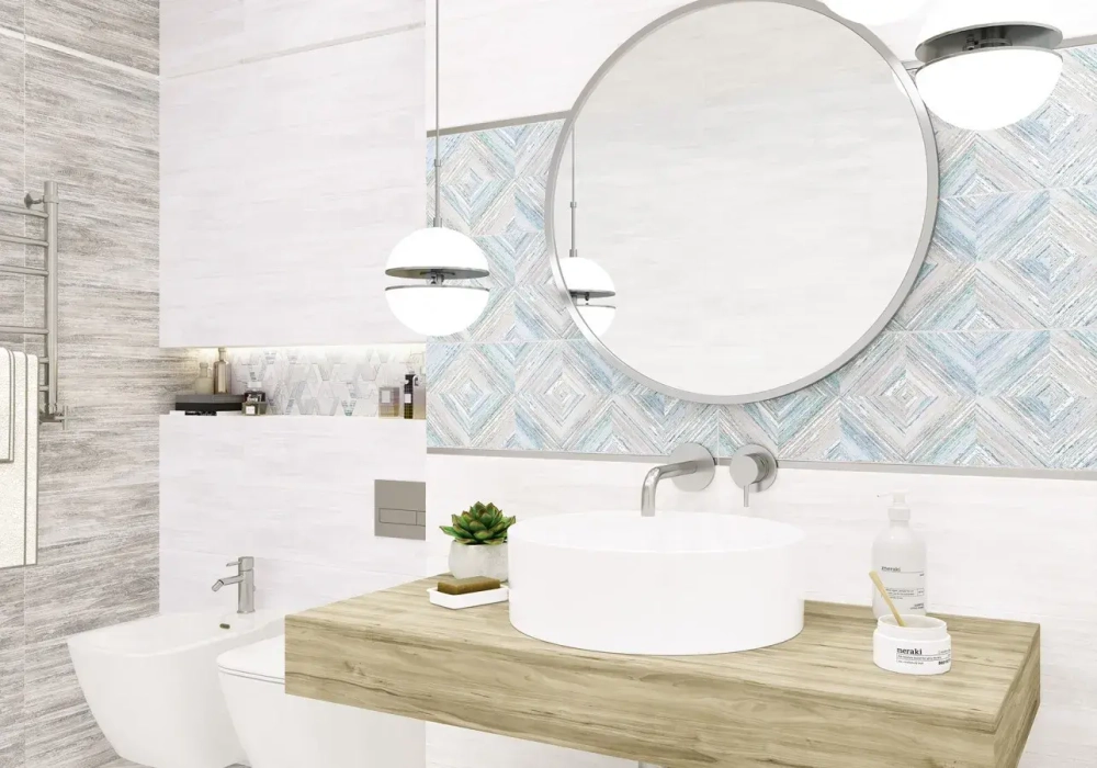 Бордюр Alma Ceramica BWA61MDS406 Medis 3x60 бежевый / голубой матовый с орнаментом