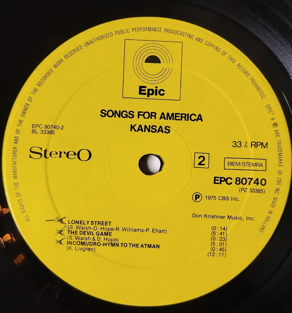 Винтажная виниловая пластинка LP Kansas Song For America (Holland 1975)