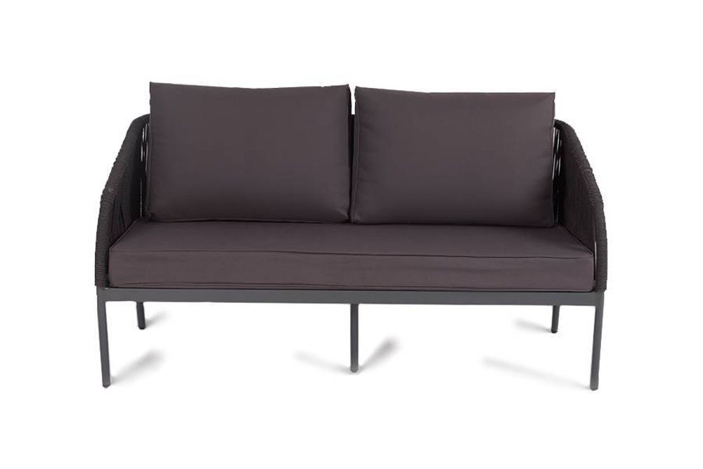 "Канны" диван 2-местный плетеный из роупа, каркас алюминий темно-серый (RAL7024) матовый, роуп темно-серый круглый, ткань интерьерная