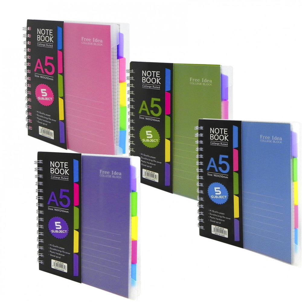 Тетрадь 120л., А5, клетка, Alingar "Free Idea", гребень, пластиковая обложка, цветные пластиковые разделители, ассорти 4 цвета