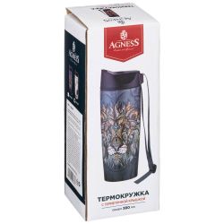 ТЕРМОКРУЖКА AGNESS "ЛЕВ" С КНОПКОЙ-СТОППЕРОМ, 360МЛ КОЛБА НЕРЖ.СТАЛЬ